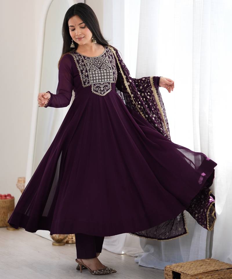 Purple sequence jari work fox georgette anarkali suit with dupatta & pant