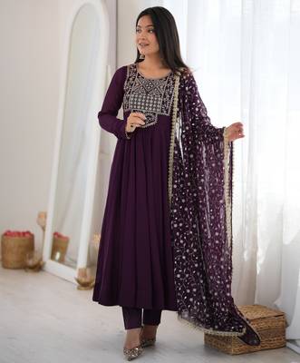 Purple sequence jari work fox georgette anarkali suit with dupatta & pant 2