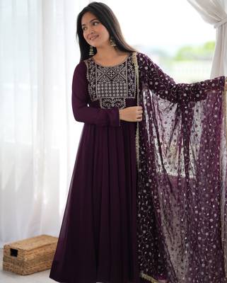 Purple sequence jari work fox georgette anarkali suit with dupatta & pant 3