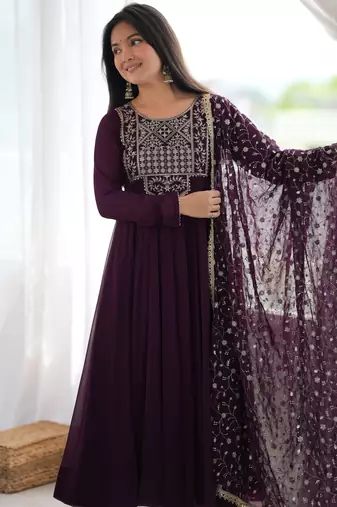 Purple sequence jari work fox georgette anarkali suit with dupatta & pant