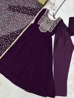 Purple sequence jari work fox georgette anarkali suit with dupatta & pant 5