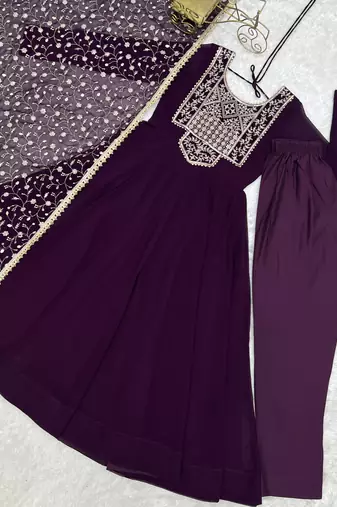 Purple sequence jari work fox georgette anarkali suit with dupatta & pant