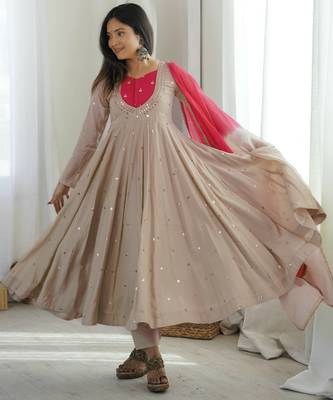 Beige roman silk readymade anarkali suit with embroidery & sequence work 1