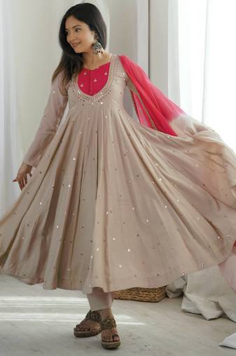 Beige roman silk readymade anarkali suit with embroidery & sequence work