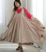 Beige roman silk readymade anarkali suit with embroidery & sequence work