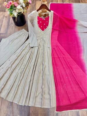 Beige roman silk readymade anarkali suit with embroidery & sequence work 2