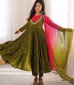 D olive roman silk readymade anarkali suit with embroidery & sequence work