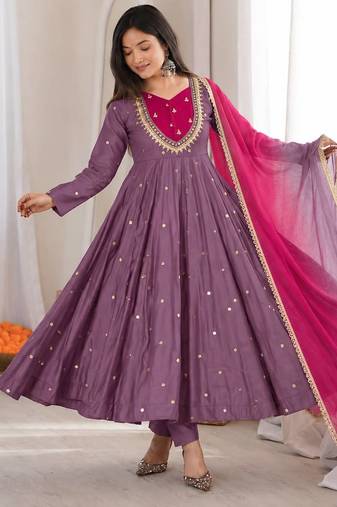 Lavender roman silk readymade anarkali suit with embroidery & sequence work