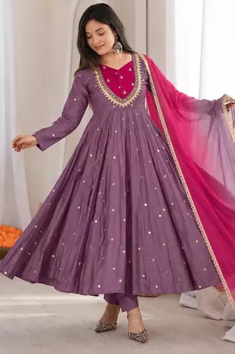 Lavender roman silk readymade anarkali suit with embroidery & sequence work