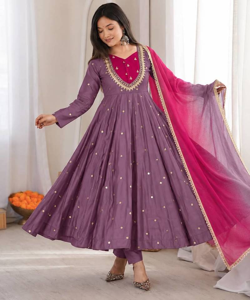 Lavender roman silk readymade anarkali suit with embroidery & sequence work
