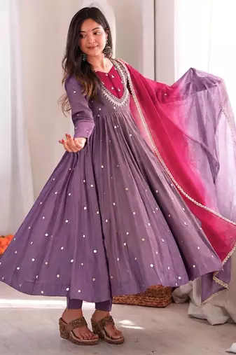 Lavender roman silk readymade anarkali suit with embroidery & sequence work