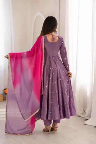Lavender roman silk readymade anarkali suit with embroidery & sequence work