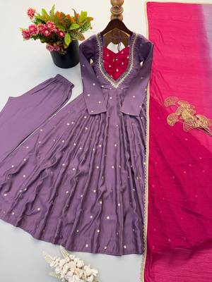 Lavender roman silk readymade anarkali suit with embroidery & sequence work 4