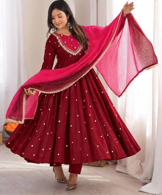 Maroon roman silk readymade anarkali suit with embroidery & sequence work 1