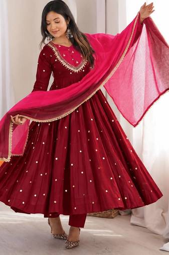 Maroon roman silk readymade anarkali suit with embroidery & sequence work