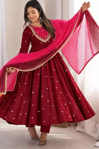 Maroon roman silk readymade anarkali suit with embroidery & sequence work