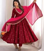 Maroon roman silk readymade anarkali suit with embroidery & sequence work