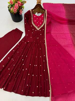 Maroon roman silk readymade anarkali suit with embroidery & sequence work 2