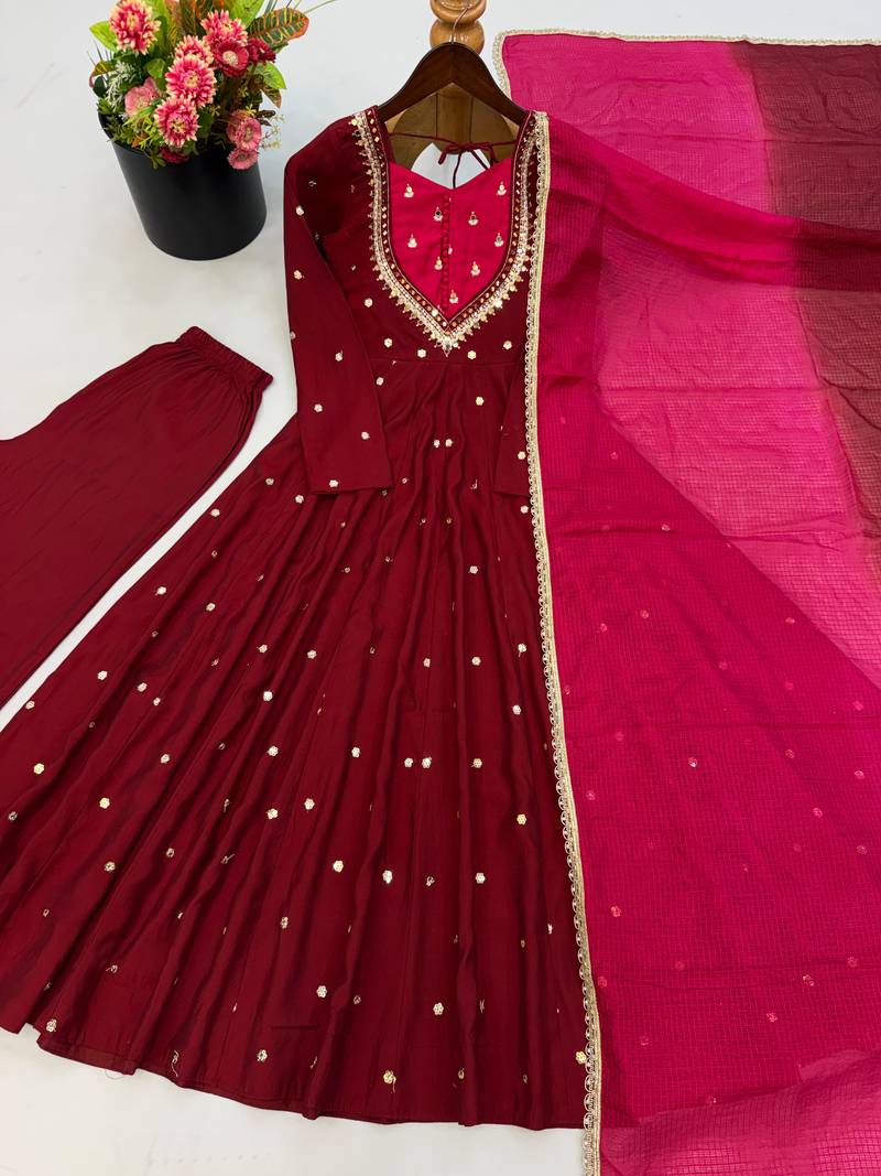 Maroon roman silk readymade anarkali suit with embroidery & sequence work