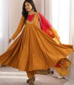 Mustard roman silk readymade anarkali suit with embroidery & sequence work