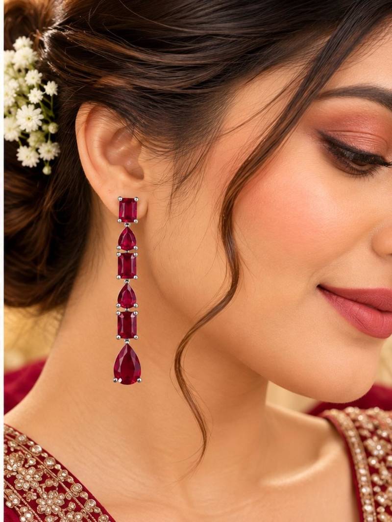 Ruby ad & agate stone earrings rhodium plated