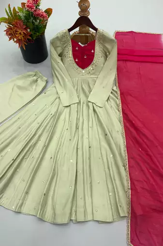 Pista roman silk readymade anarkali suit with embroidery & sequence work