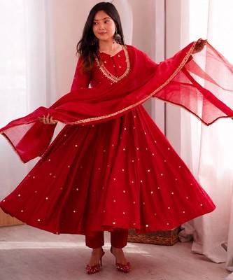 Red roman silk readymade anarkali suit with embroidery & sequence work 1
