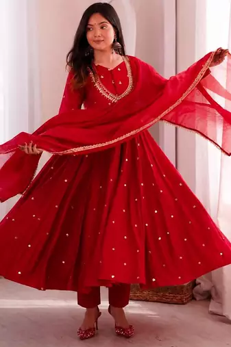 Red roman silk readymade anarkali suit with embroidery & sequence work