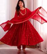 Red roman silk readymade anarkali suit with embroidery & sequence work