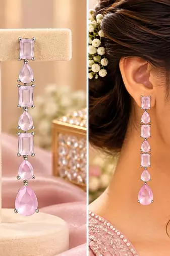Baby pink ad & agate stone earrings rhodium plated