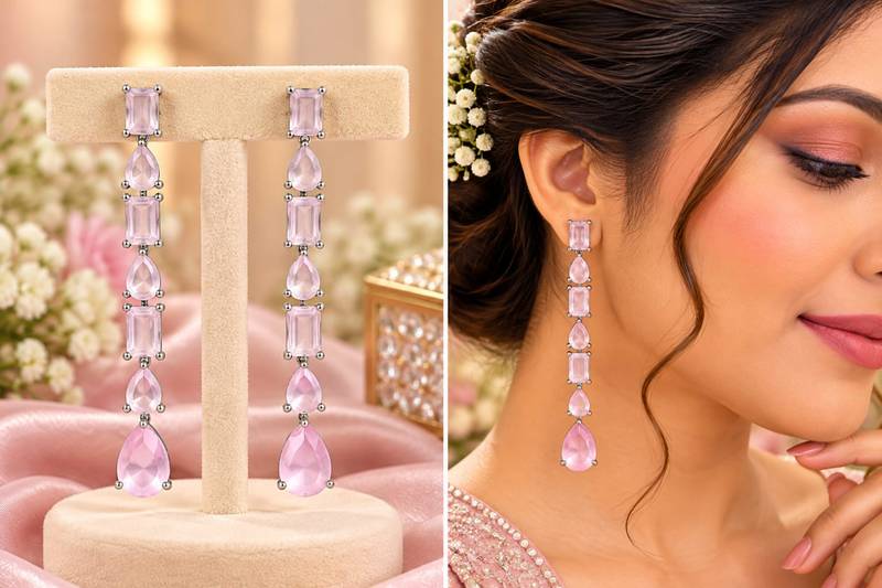 Baby pink ad & agate stone earrings rhodium plated