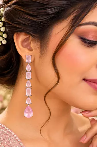 Baby pink ad & agate stone earrings rhodium plated