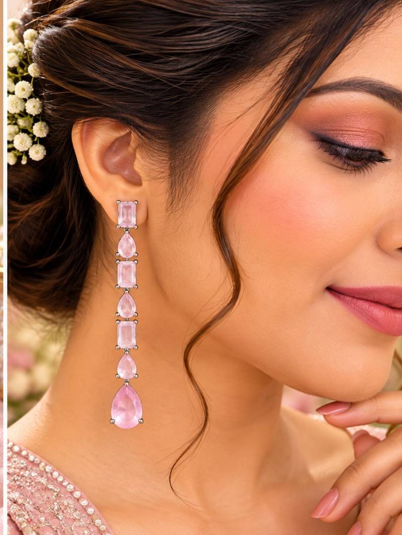 Baby pink ad & agate stone earrings rhodium plated