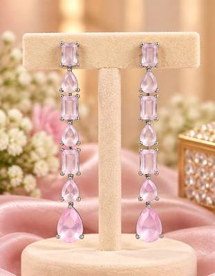 Baby pink ad & agate stone earrings rhodium plated 1