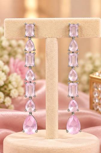 Baby pink ad & agate stone earrings rhodium plated