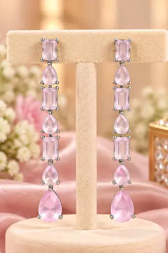 Baby pink ad & agate stone earrings rhodium plated