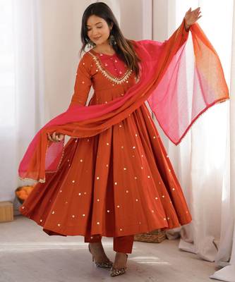 Rust roman silk readymade anarkali suit with embroidery & sequence work 1