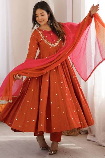 Rust roman silk readymade anarkali suit with embroidery & sequence work