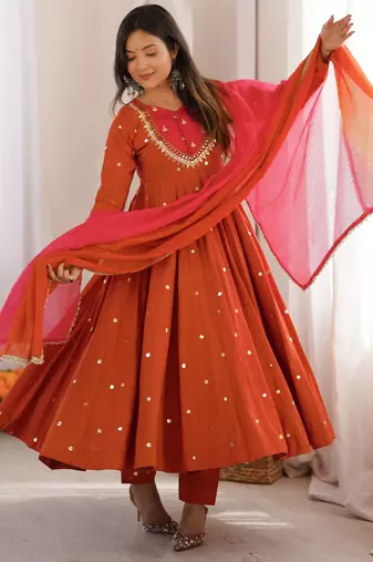 Rust roman silk readymade anarkali suit with embroidery & sequence work