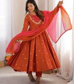 Rust roman silk readymade anarkali suit with embroidery & sequence work