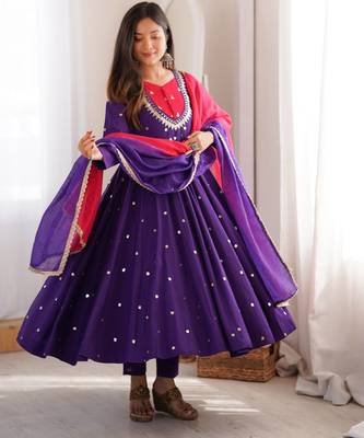 Violet roman silk readymade anarkali suit with embroidery & sequence work 1