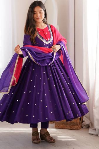 Violet roman silk readymade anarkali suit with embroidery & sequence work