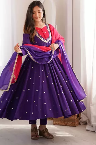 Violet roman silk readymade anarkali suit with embroidery & sequence work