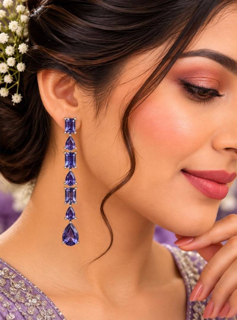 Purple ad & agate stone earrings rhodium plated