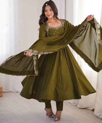 D olive roman silk readymade anarkali suit with embroidery & sequence work 1