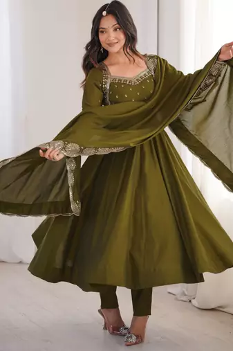 D olive roman silk readymade anarkali suit with embroidery & sequence work