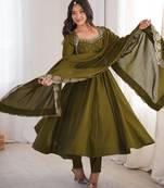 D olive roman silk readymade anarkali suit with embroidery & sequence work
