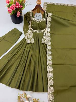 D olive roman silk readymade anarkali suit with embroidery & sequence work 2