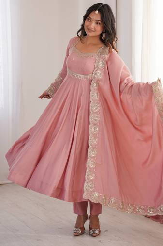 Pink roman silk readymade anarkali suit with embroidery & sequence work