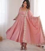 Pink roman silk readymade anarkali suit with embroidery & sequence work